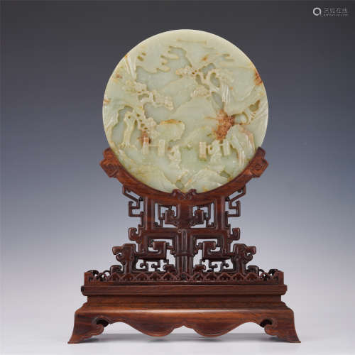 A CHINESE WHITE JADE CARVED FIGURE STORY ROUND TABLE SCREEN,...