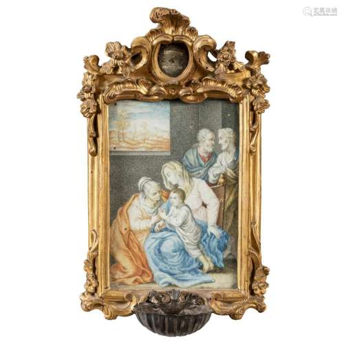 Silver Holy water stoup with gilded and carved wooden frame