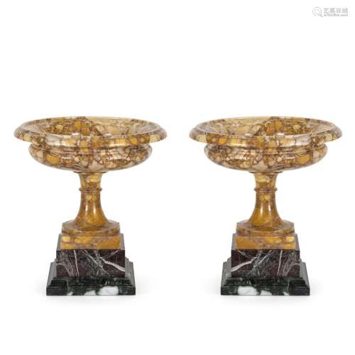 Pair of Siena yellow breccia marble stands