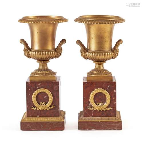 Pair of gilded bronze and marble vases