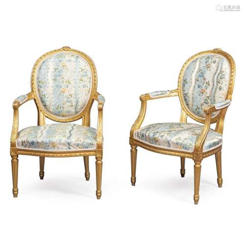 Three gilded wood armchairs and a stool (4)