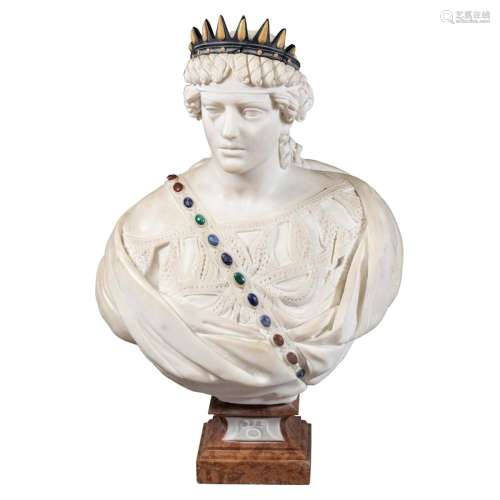 Portrait bust in white Carrara marble and polychrome marbles