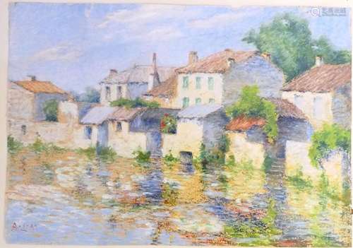 "Village au bord de l'eau".Pastel et gouache m...