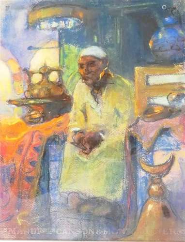 "Homme dans un magasin oriental".Pastel signé en b...