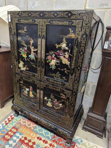 A Chinese hardstone mounted black lacquered four door side c...