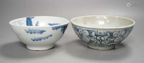 Two Chinese blue and white bowls, largest 16cms diameter.