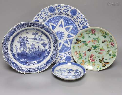 Four Chinese porcelain plates or dishes, 18th century and la...