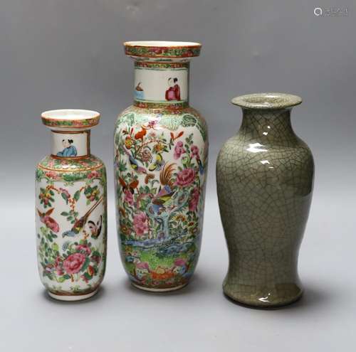 Two Chinese famille rose vases and a Celadon crackle glazed ...