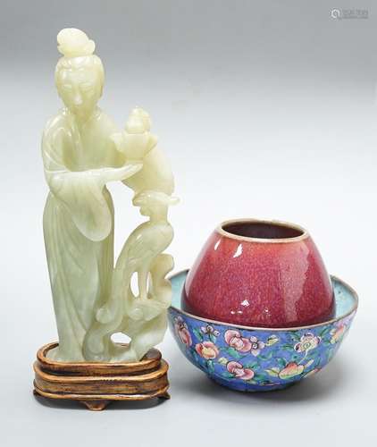 A Chinese bowenite jade figure of a lady, a Canton enamel bo...