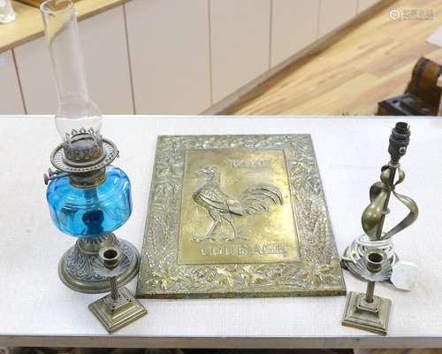 A brass Art Nouveau lamp, a pair of candlesticks, oil lamp a...