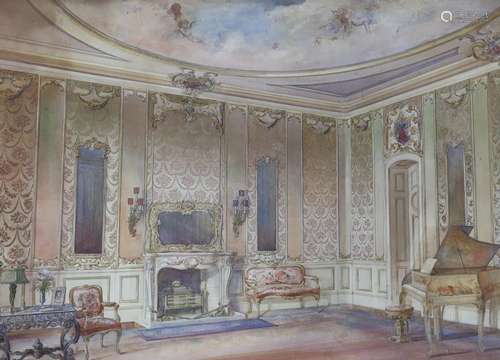 19th century English School, watercolour, Music room interio...