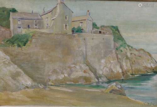 M. Osler, oil on canvas, Coastal scene with houses above the...