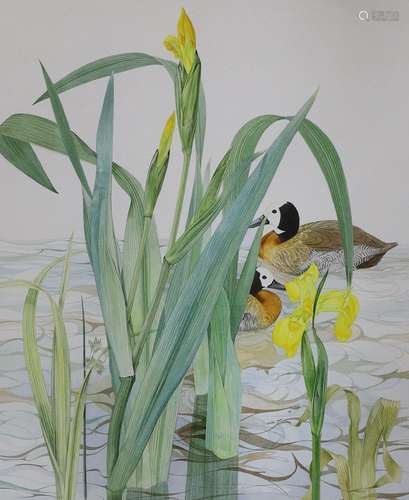 Kristen Rosenberg (b.1933), watercolour, Ducks and yellow ir...