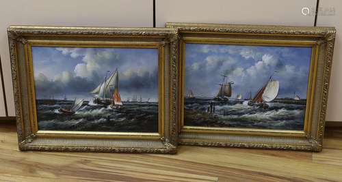 A pair of modern oils on panel of fishing boats at sea, 29 x...