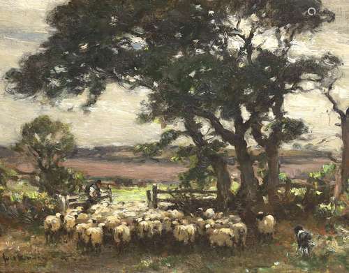 Owen Bowen (1873-1967), oil on canvas board, Shepherd and fl...