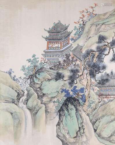 Chinese School, gouache and watercolour on silk, Pagoda in a...