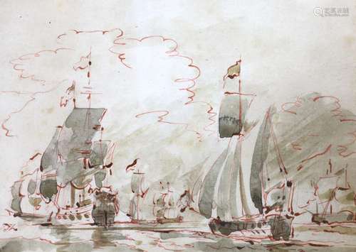 Old Master drawing, red ink and wash, Warships at sea, initi...