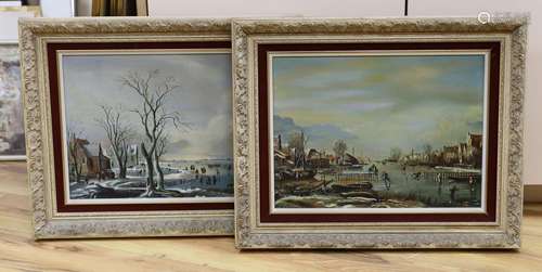 A. Liechner, pair of oils on canvas, Dutch winter landscape,...