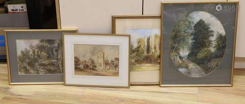 Victorian School, four watercolours, View of a country churc...