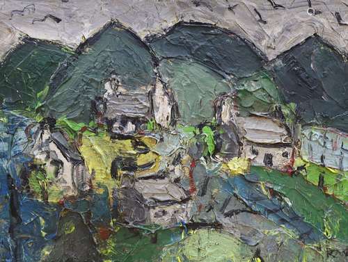 After Kyffin Williams, oil on board, Cottages on a hillside,...