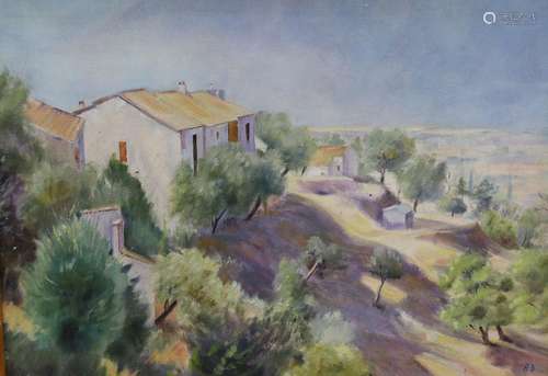 After Bernard Dunstan, oil on board, Mediterranean landscape...