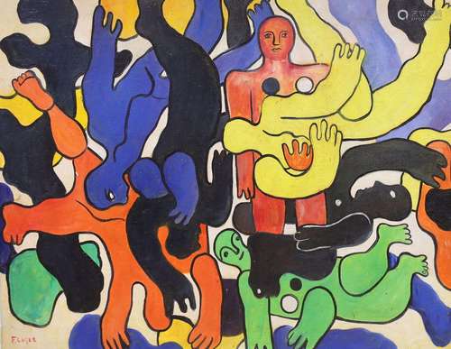 After Fernand Leger, oil on board, Figure study, bears signa...