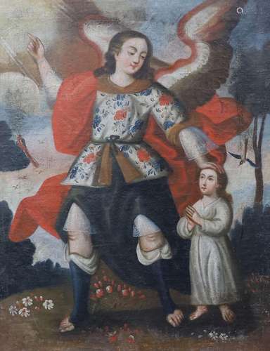 Cusco School, oil on canvas, Archangel and child in a landsc...