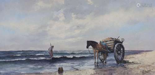 German School, oil on canvas, Seaweed gatherer along the sho...