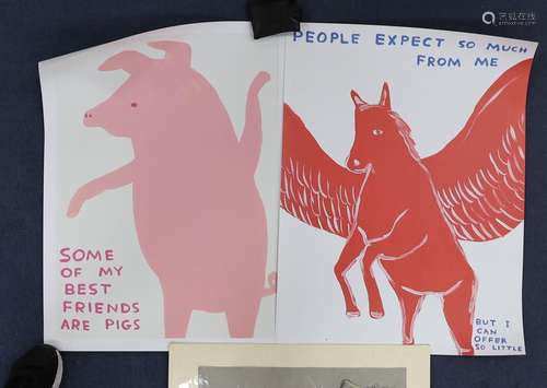 David Shrigley (1968-), two colour prints, People expect so ...