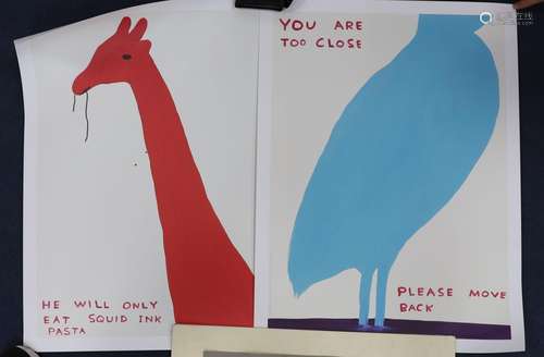 David Shrigley (1968-), two colour prints, You are too close...