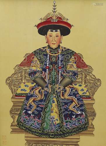 Chinese school, gouache on silk, ancestor portrait, 100x75cm