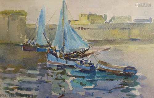 Marcella Smith, watercolour, Fishing boats in harbour, signe...