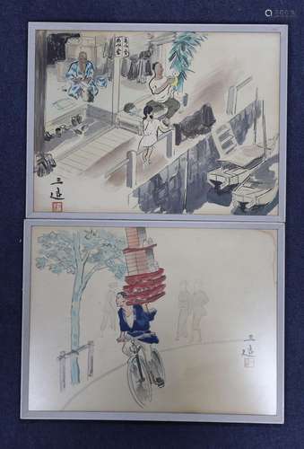 Japanese School, pair of watercolours, street scenes, 27 x 3...