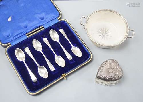 A set of six silver teaspoons, a silver two handled small bu...