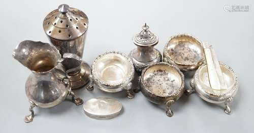 Sundry silver including four Georgian salts, and Art Deco su...