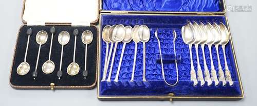 A cased set of six silver bean end coffee spoons, two other ...