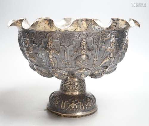 A late 19th century Burmese embossed white metal pedestal bo...