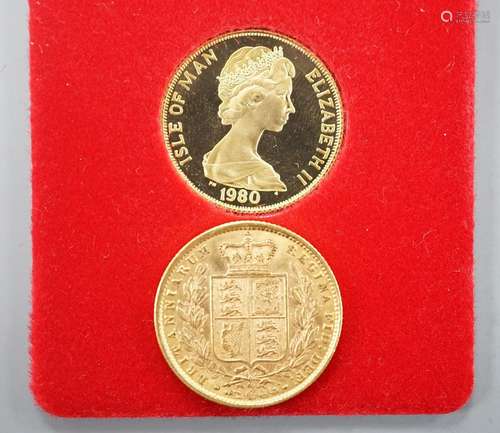 A Victoria 1872 gold sovereign and a Queen Mother 80th Birth...