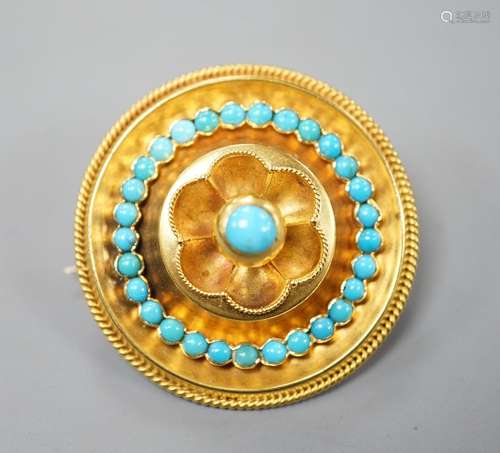 A Victorian yellow metal and turquoise cluster set circular ...