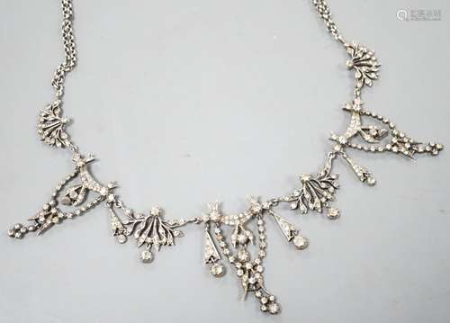 A 19th century white metal and paste set drop necklace, 37.5...