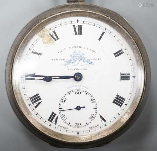 A George V silver open faced keyless pocket watch, by Thomas...