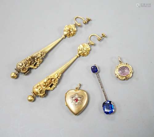 A pair of yellow metal drop earrings, overall 89mm, a simula...