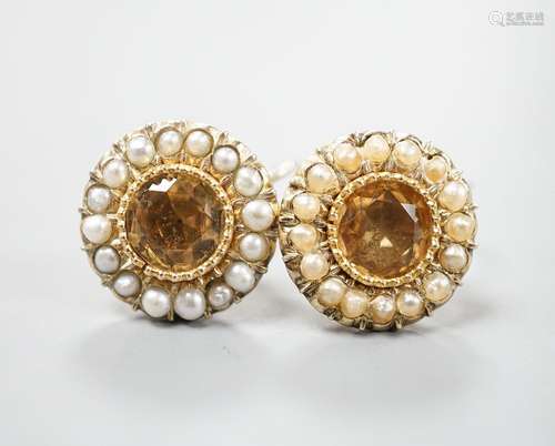 A pair of yellow metal, yellow topaz and split pearl set ear...