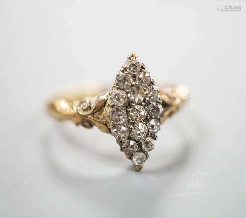 An 18ct and diamond cluster set marquise shaped ring, size K...