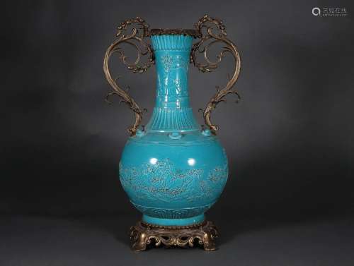 Bronze Coating Turquoise Glaze Double-Eared Vase