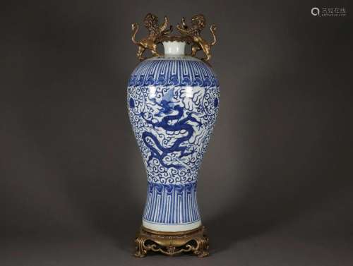 Bronze Coating Blue and White Dragon Meiping