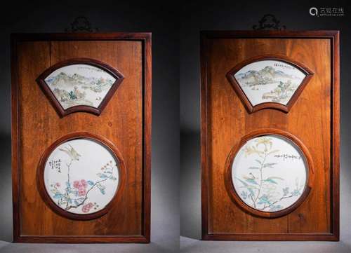 Pair of Porcelain Inlaid Wood Hanging Plaques