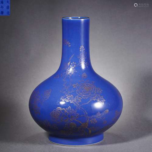 Gilt Deco Sacrificial Blue Glaze Floral Vase