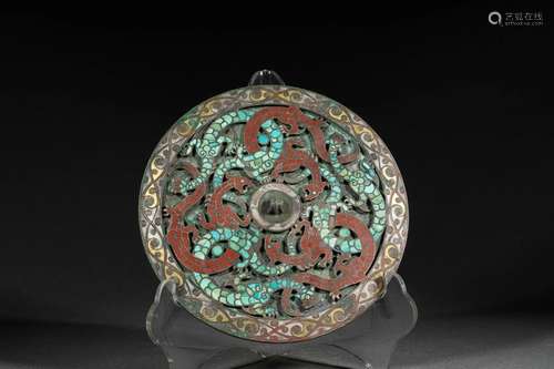 Turquoise and Gold, Silver Inlaying Bronze Mirror