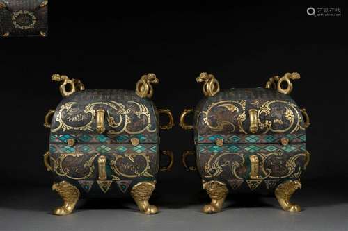 Pair of Turquoise and Gold, Silver Inlaying Bronze Vessels